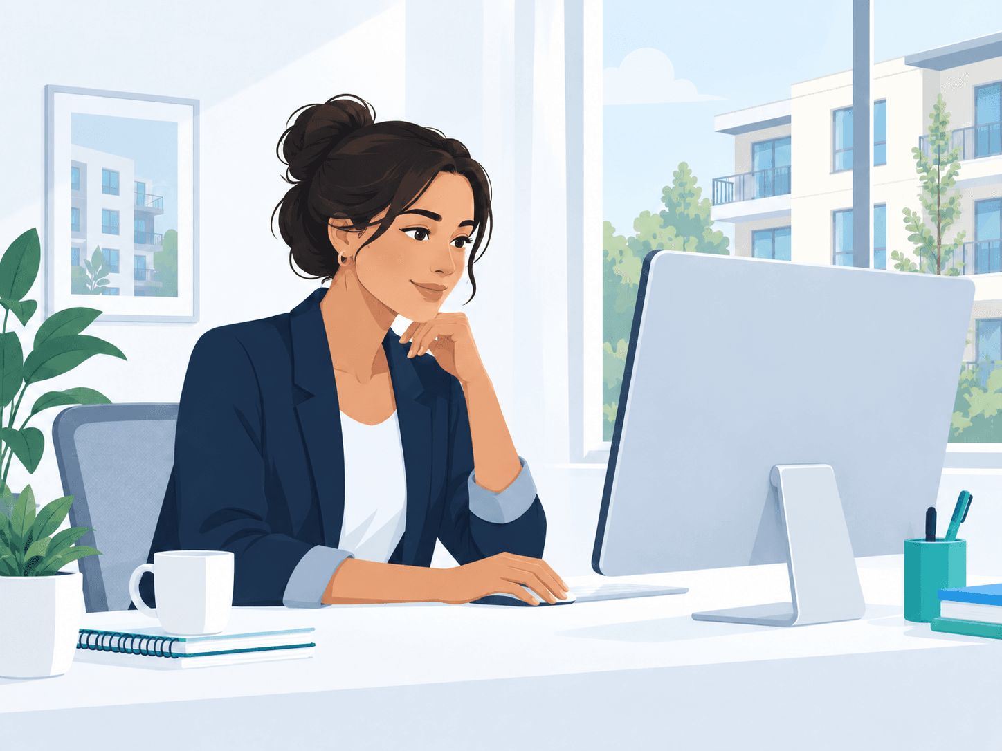 A property manager reviewing resident and leasing conversations at her desk