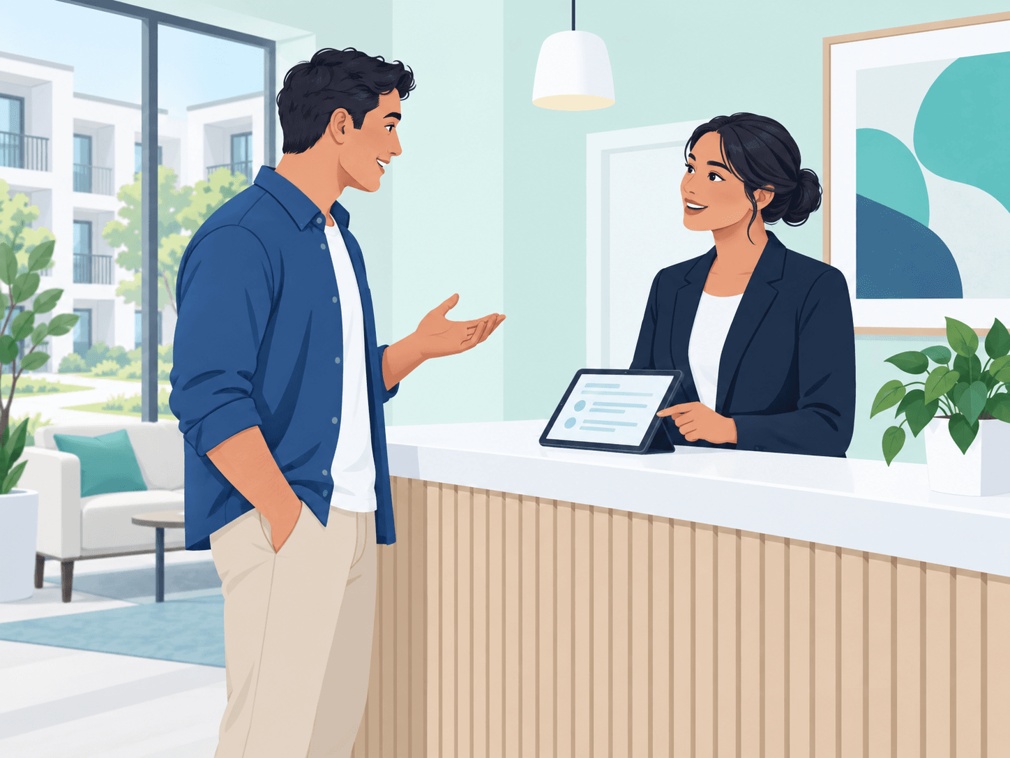 A resident speaking with a property professional who is reviewing the request on a tablet