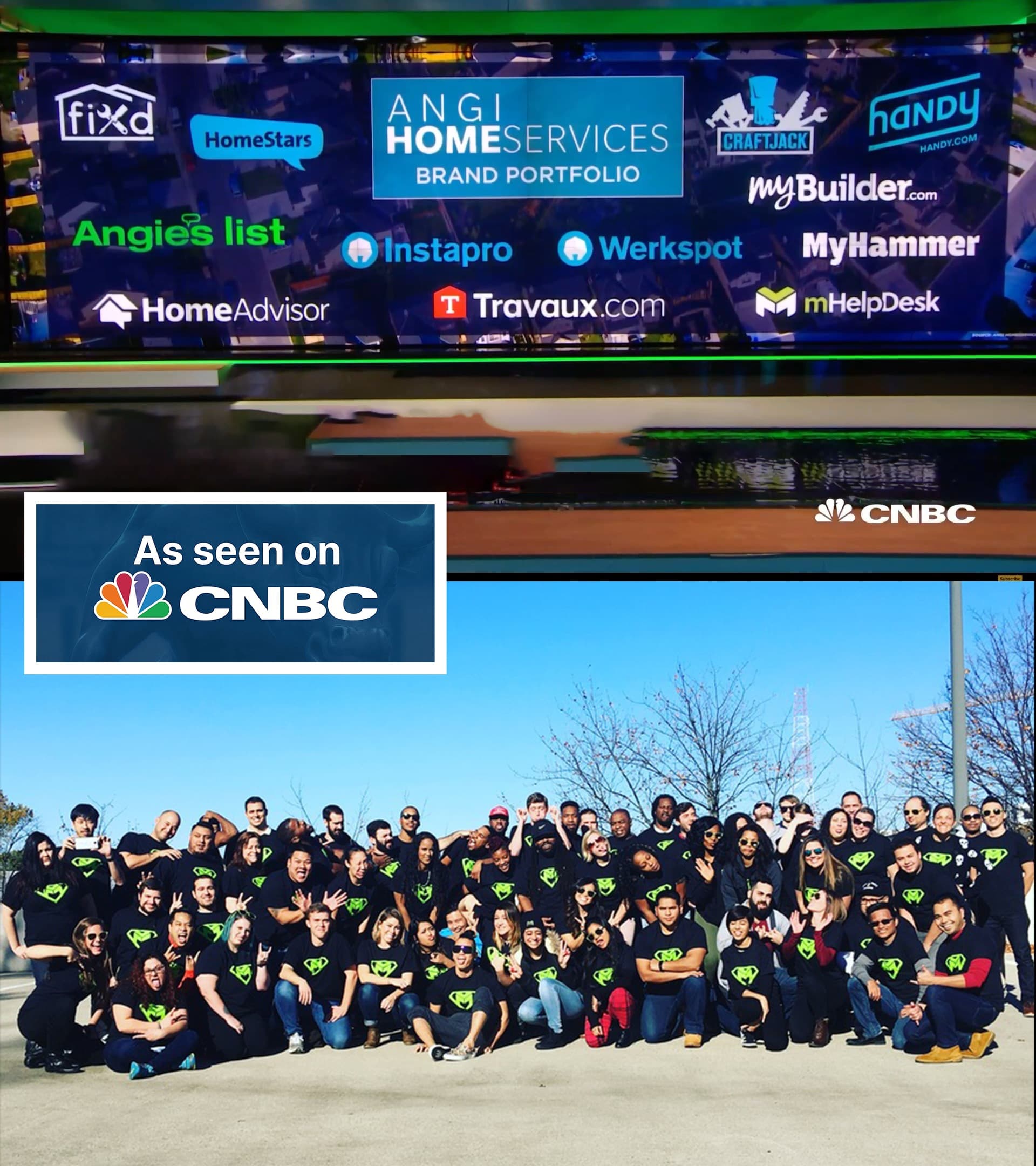 CNBC screenshot showing mHelpDesk in the ANGI HomeServices brand portfolio