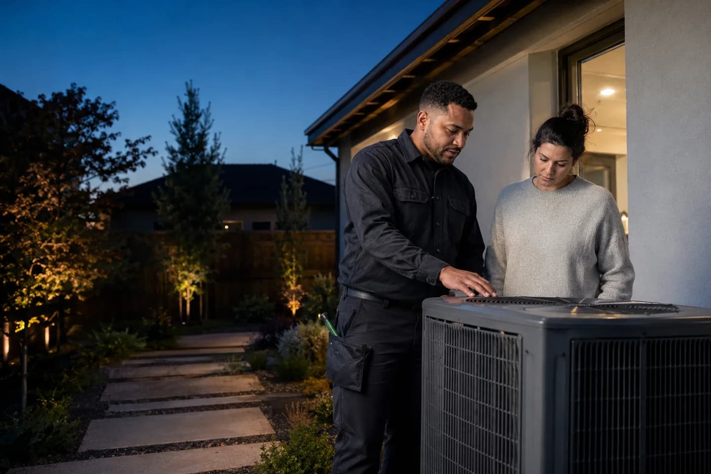 HVAC technician helping a homeowner with an outdoor system in the early evening