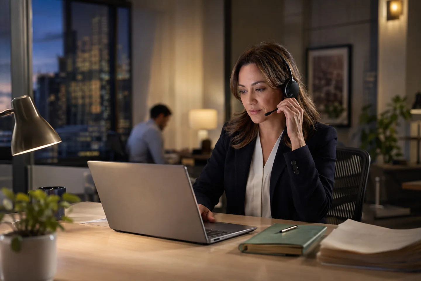 Legal professional reviewing client information at a desk after normal office hours