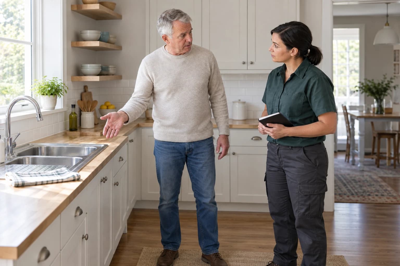 A plumber listening as a homeowner explains a kitchen sink issue