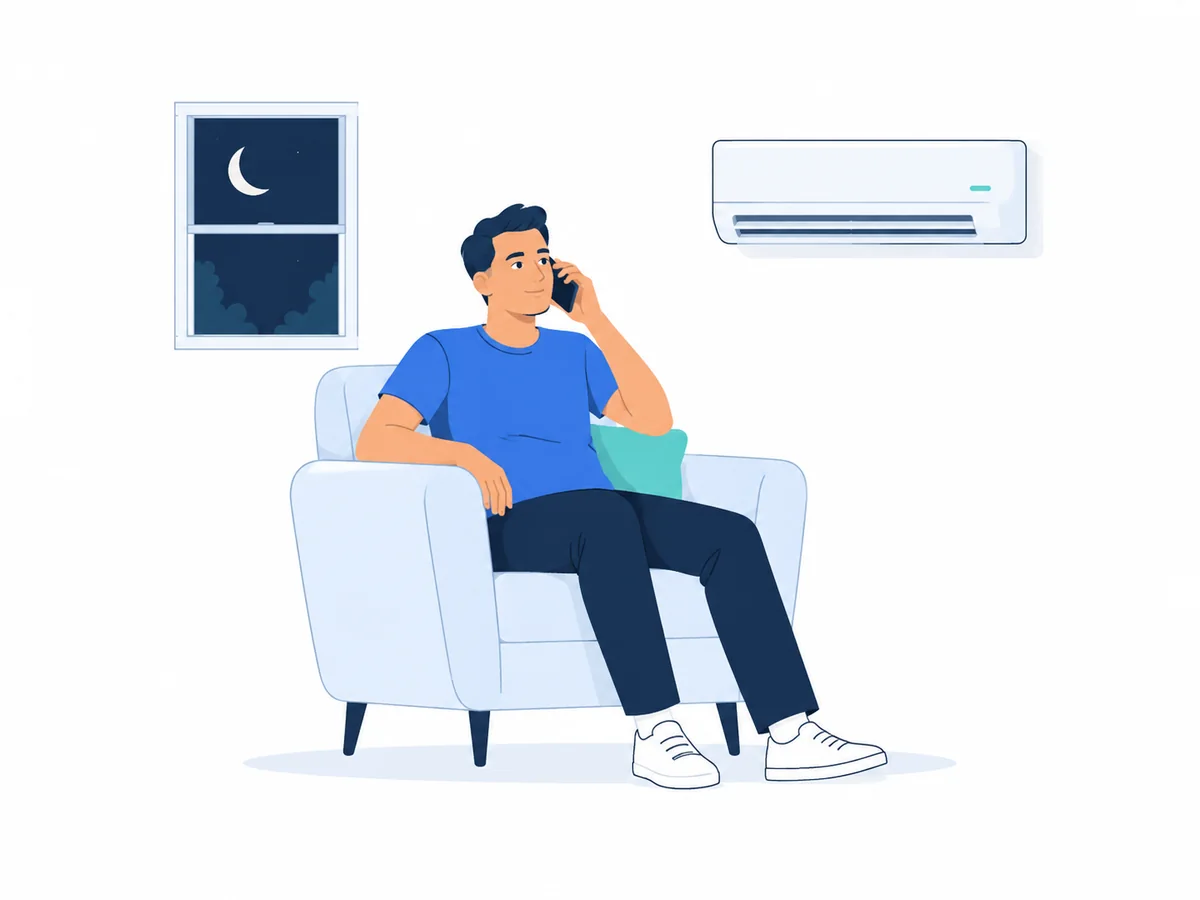 A homeowner seated in an armchair calls for AC help, with night visible through the window
