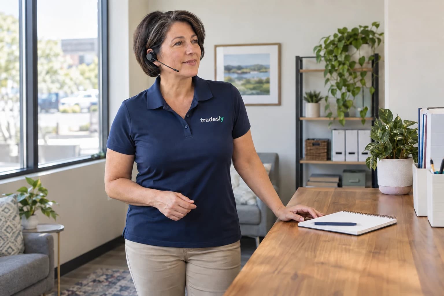 A call specialist in a navy Tradesly polo, listening to a caller by a window.