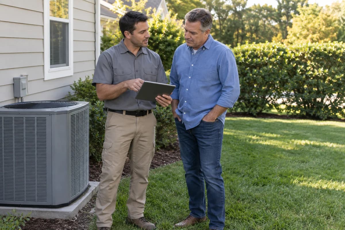 An HVAC technician reviews a service visit with a homeowner.