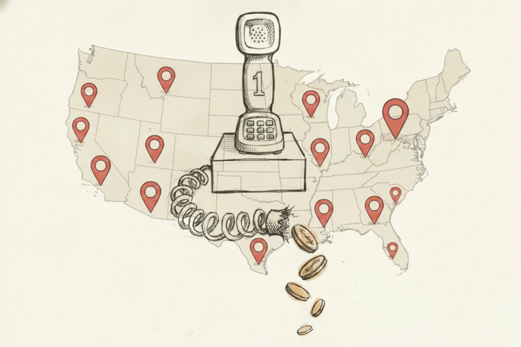Google Business Profile missed calls home services — hand-drawn ink sketch of a first-place trophy with a severed telephone cord dripping coins downward, illustrating how top search rankings lose revenue to unanswered calls