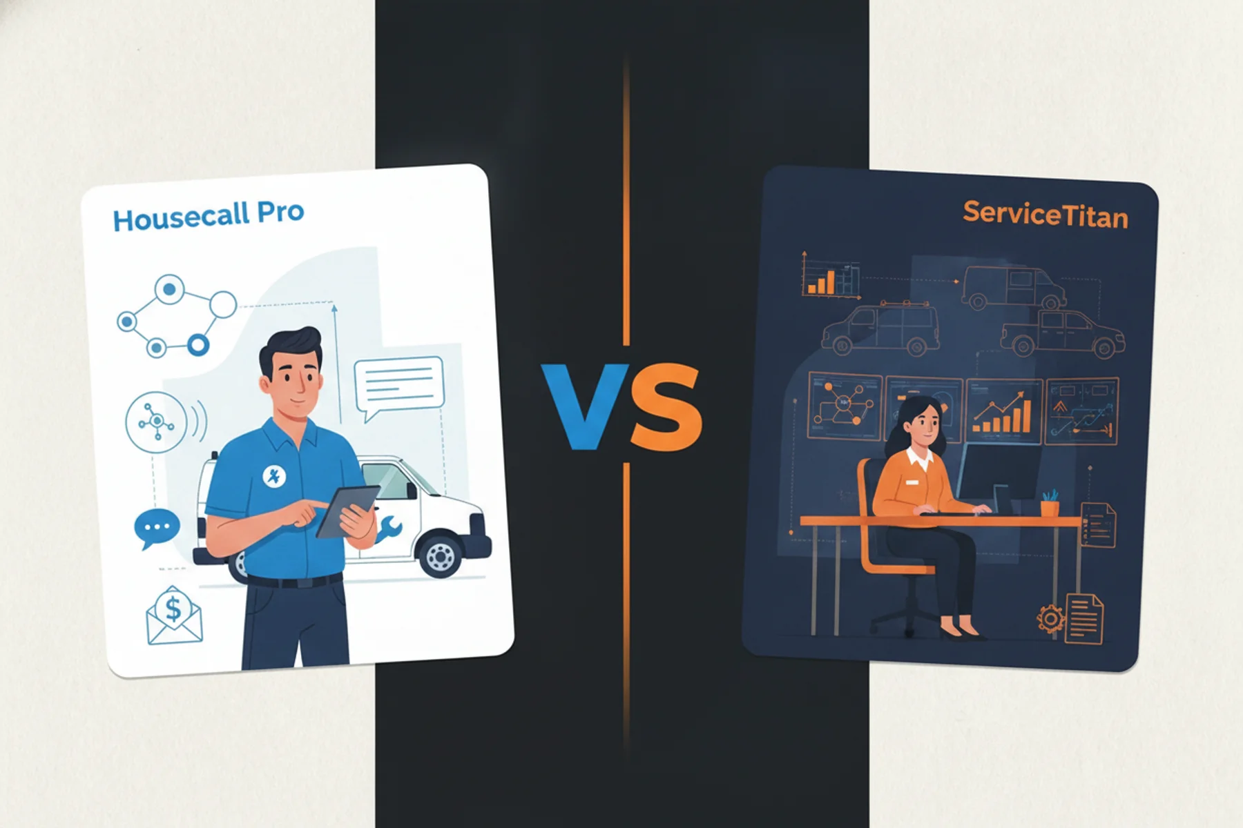 ServiceTitan vs Housecall Pro booking rate teardown — editorial collage showing two abstract platform cards flanking a torn paper gap, with amber call signals falling into a dark void representing the after-hours intake blind spot neither FSM platform solves