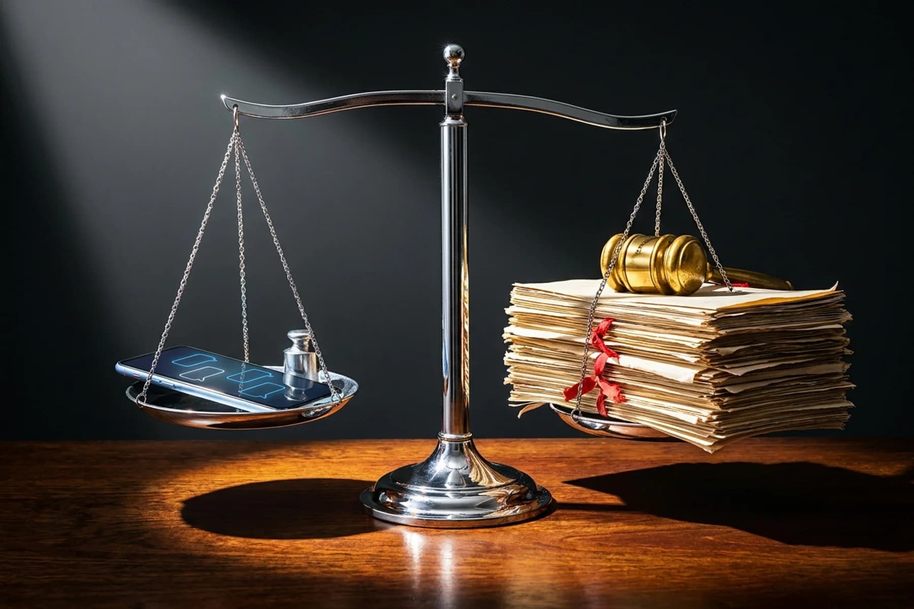 Dramatic low-angle photograph of chrome scales of justice on a mahogany desk, with a lightweight smartphone showing AI chat bubbles on one side heavily outweighed by a massive stack of legal documents and golden gavel on the other side, representing the legal liability mismatch contractors face when using AI customer service tools
