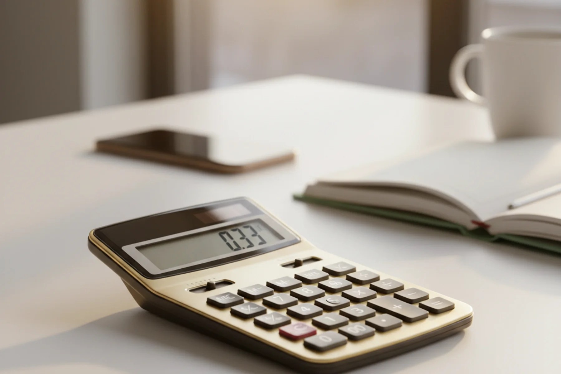 AI receptionist ROI calculation showing 0.33 jobs needed for break-even displayed on golden calculator on modern business desk with warm optimistic lighting