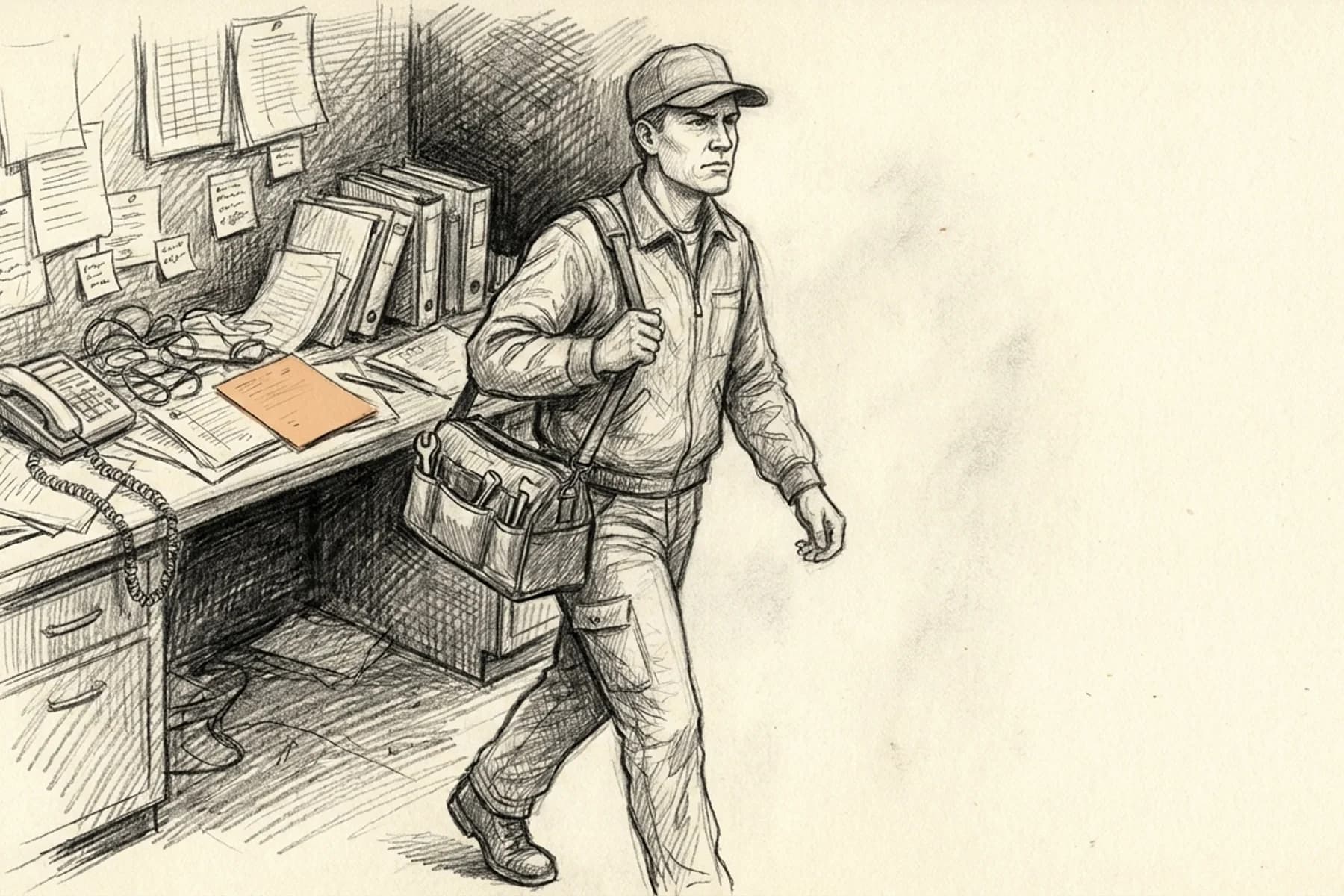 HVAC technician retention strategies — skilled technician walking away from cluttered dispatcher desk, symbolizing technician turnover caused by poor call qualification and bad job dispatch in home services