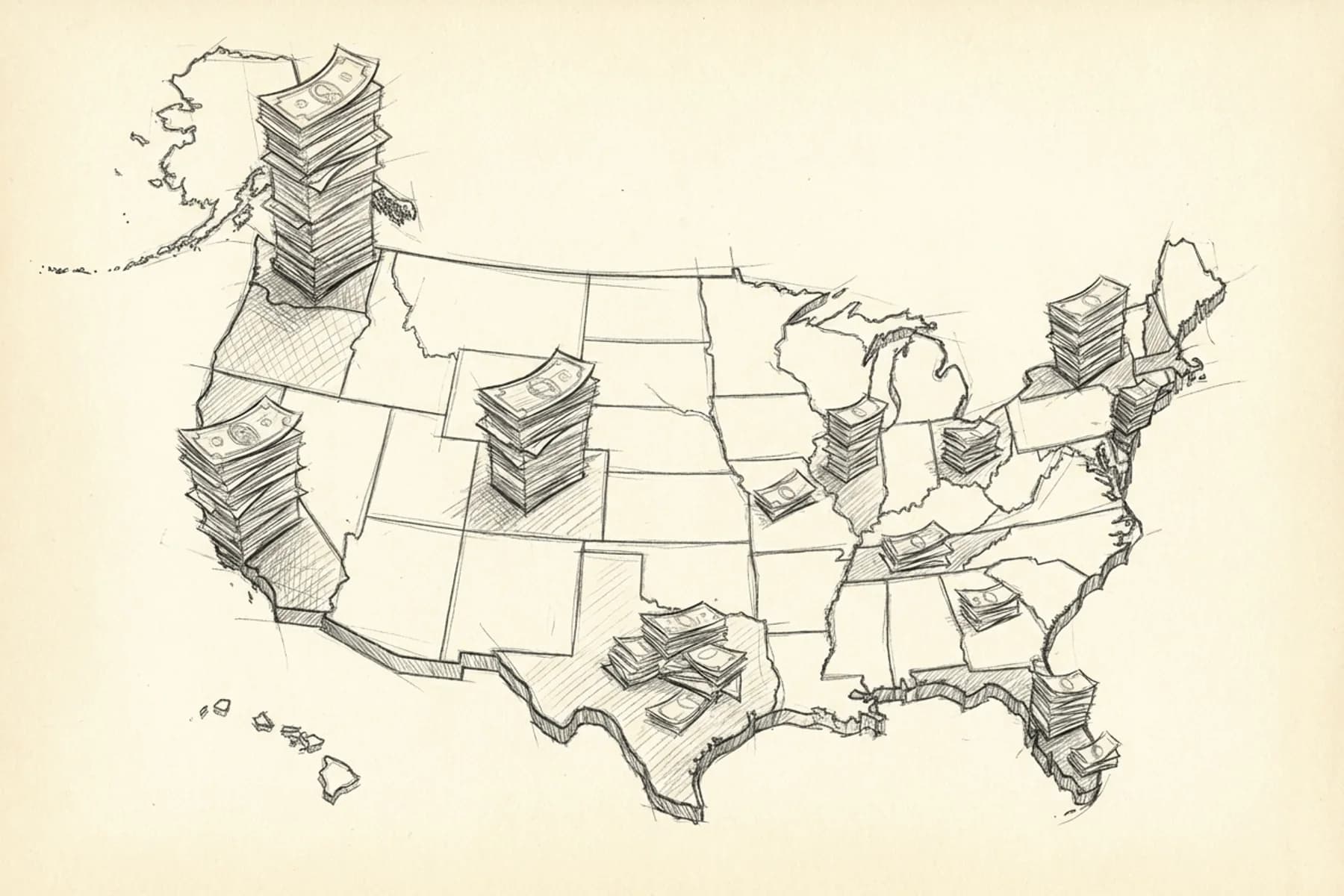 HVAC technician salary map showing hand-drawn United States with stacked money bills of varying heights emerging from different states, illustrating wage disparities across geographic regions