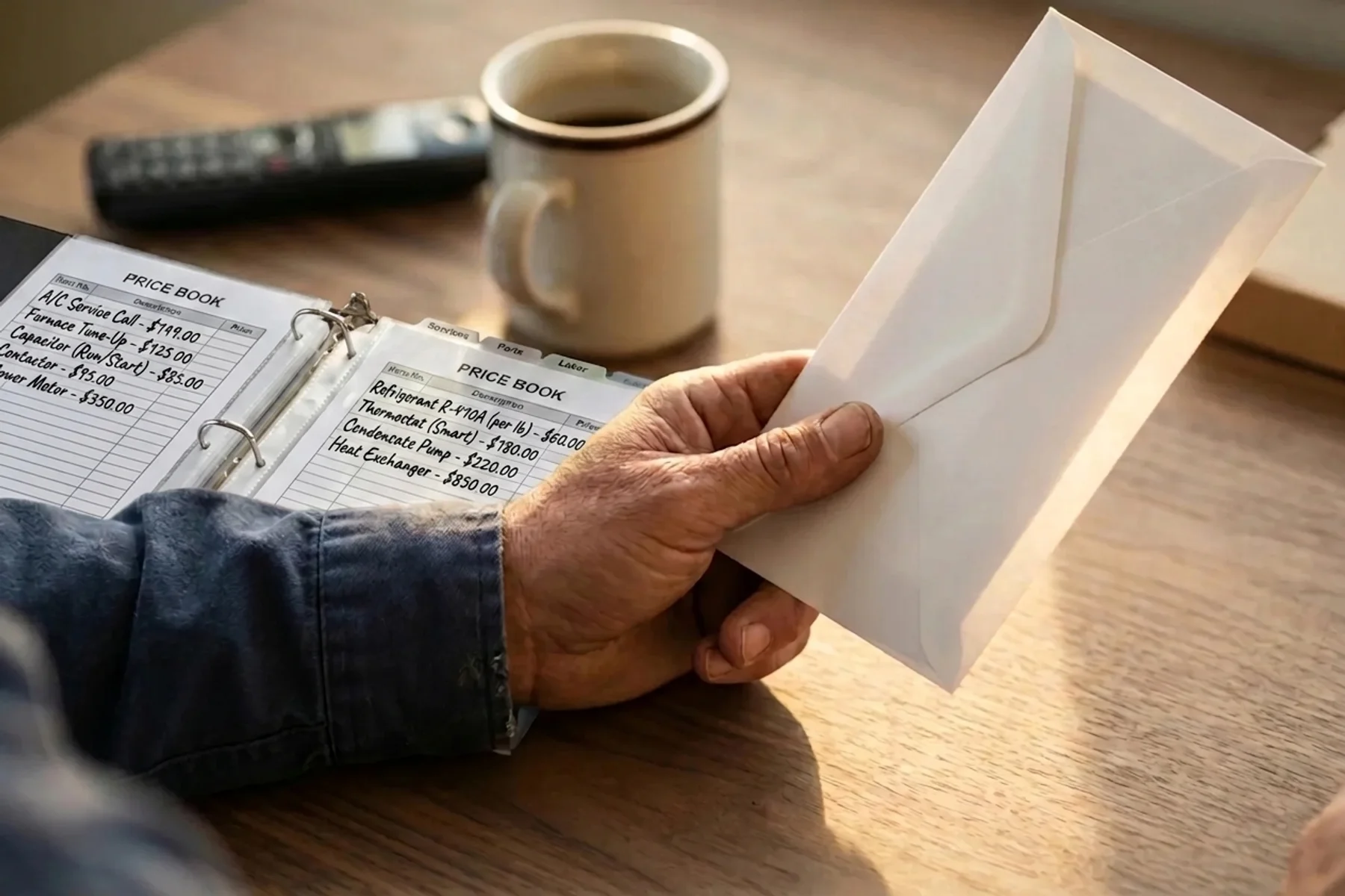 Flat rate pricing contractors — contractor's hand confidently holding a sealed pricing document on a warm desk with golden-hour light, representing locked-in margins and pricing certainty