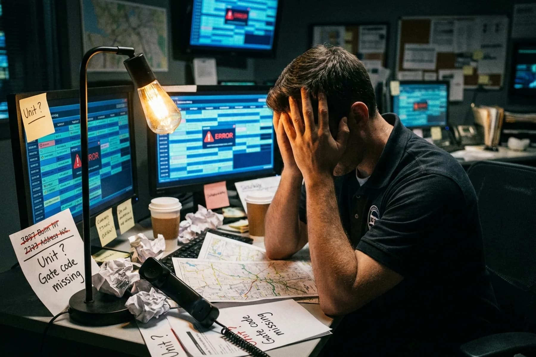 Dispatch scheduling problems: Stressed dispatcher at night desk surrounded by incomplete job cards and glowing computer screens showing scheduling errors and missing data fields