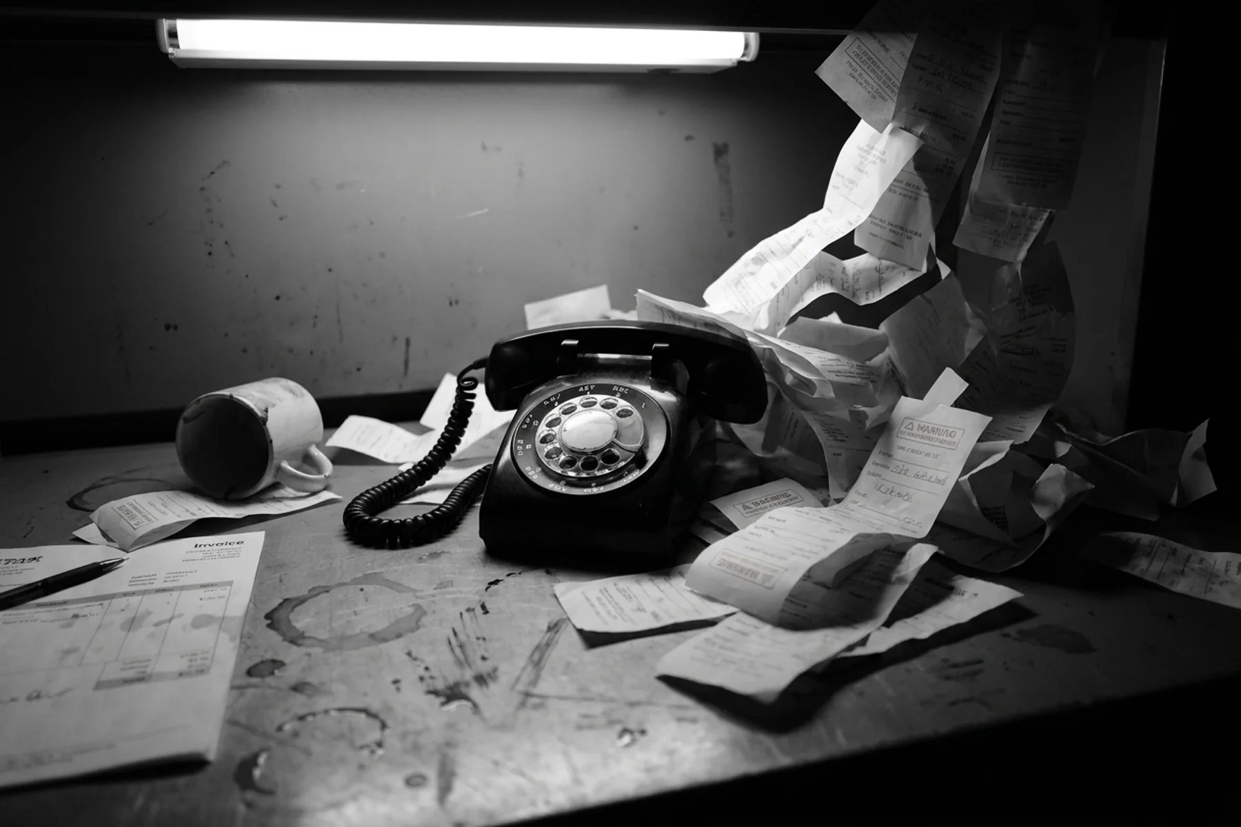 Best answering service HVAC - vintage rotary phone buried under avalanche of appointment slips on dispatcher desk representing overwhelming missed call revenue