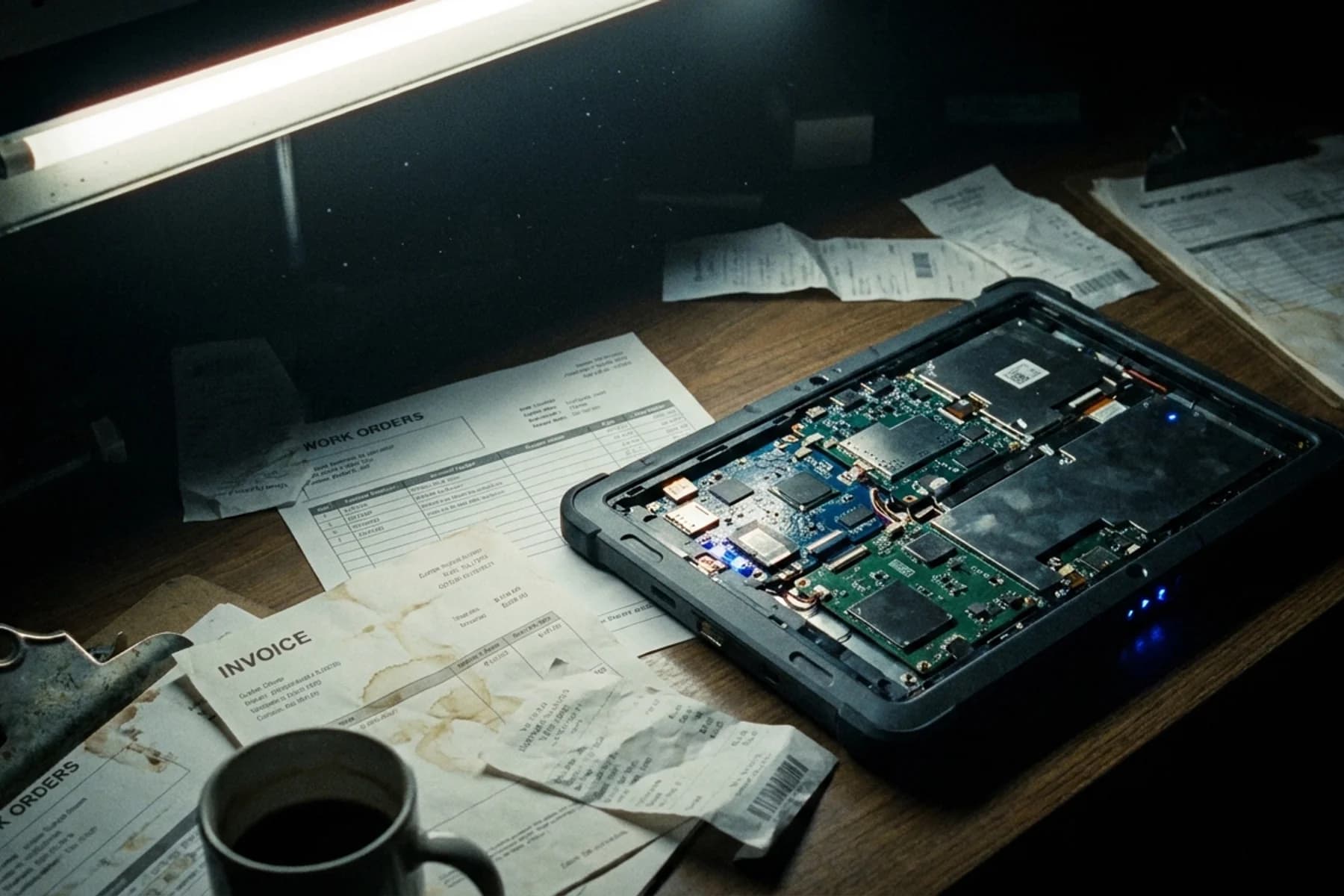 AI employee implementation risks — exposed circuit board and loose wires inside partially disassembled dispatch tablet on cluttered desk, revealing hidden complexity behind simple AI promises