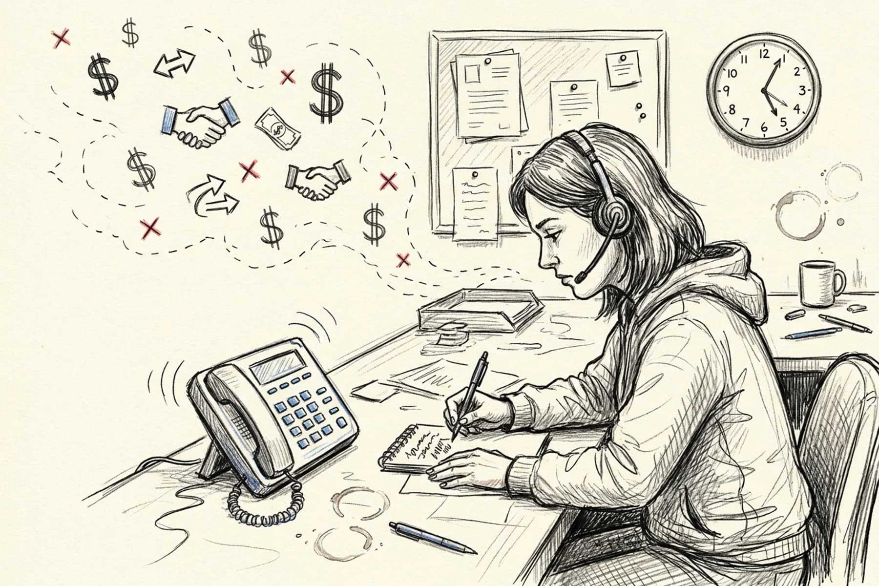 HVAC service agreement script — CSR headset with a small plant blooming from the microphone next to tidy stacks of gold coins, symbolizing recurring revenue grown from booking calls