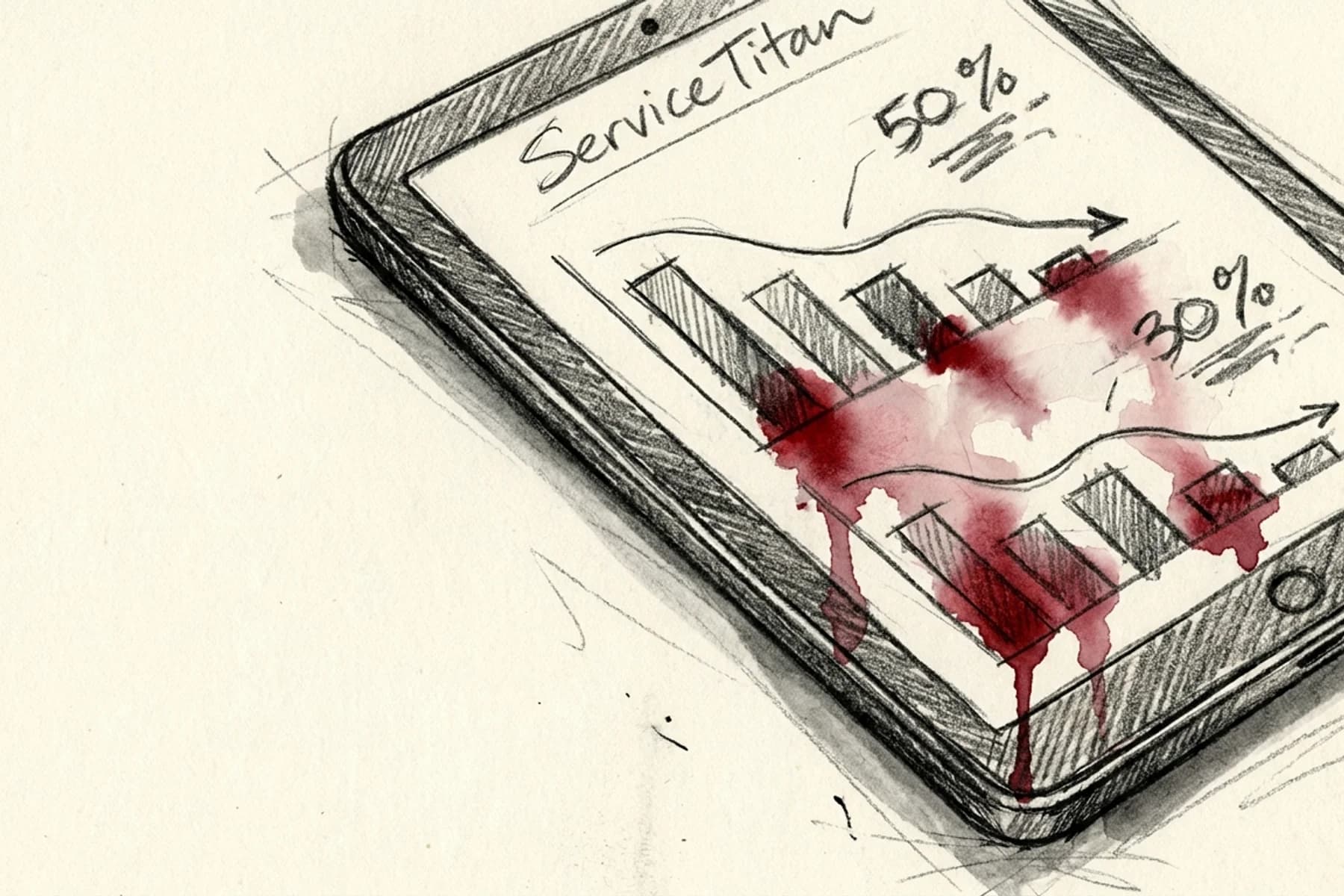 ServiceTitan reporting dashboard sketch showing revenue bleeding from declining booking rate charts and performance metrics