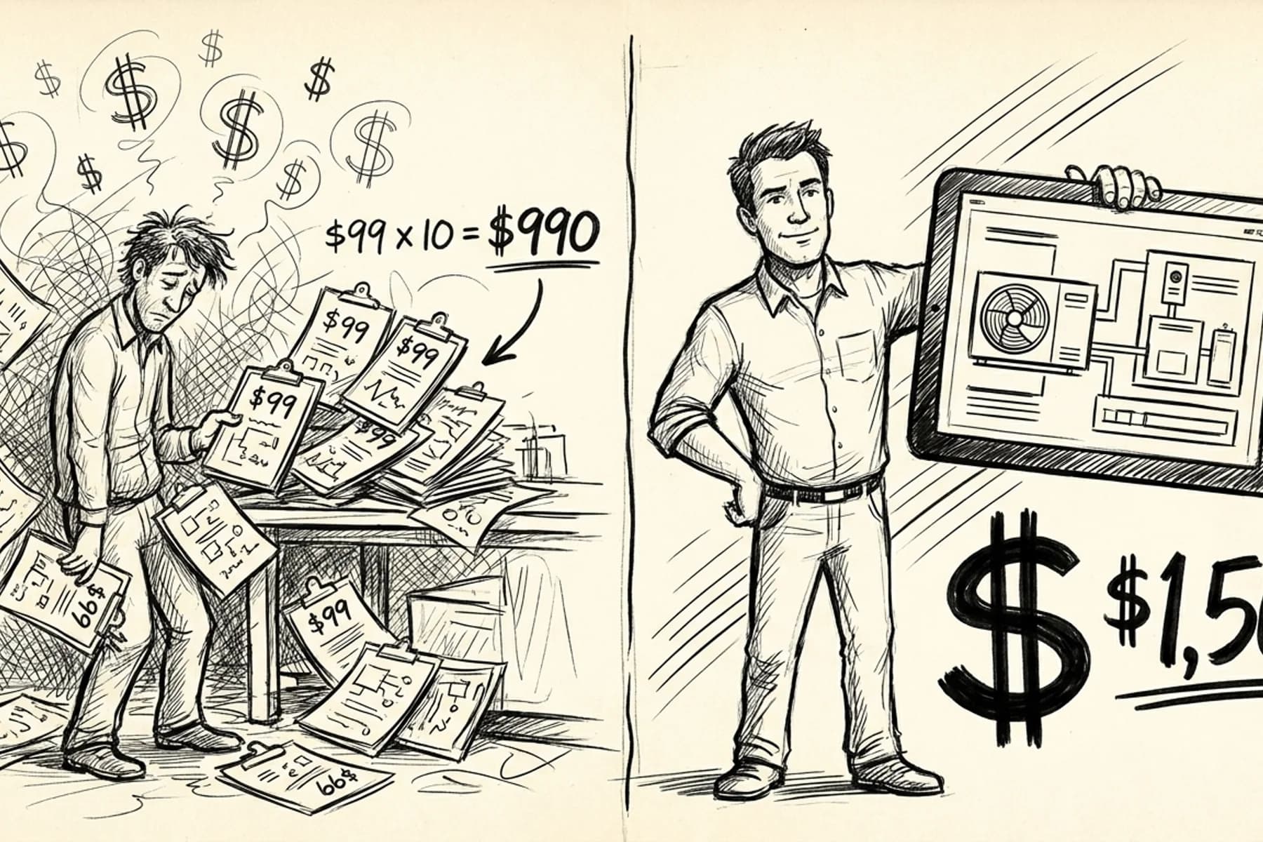 Revenue per technician productivity comparison - hand-drawn sketch showing technician workday split between scattered low-value tune-ups versus focused high-revenue installation work