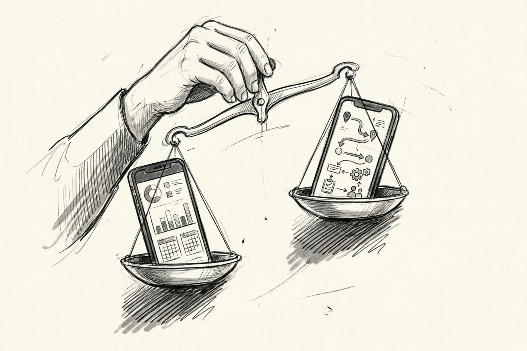 Housecall Pro vs Jobber — hand-drawn sketch of a balance scale with two smartphones, representing the decision-making process between field service management software platforms for small contractors
