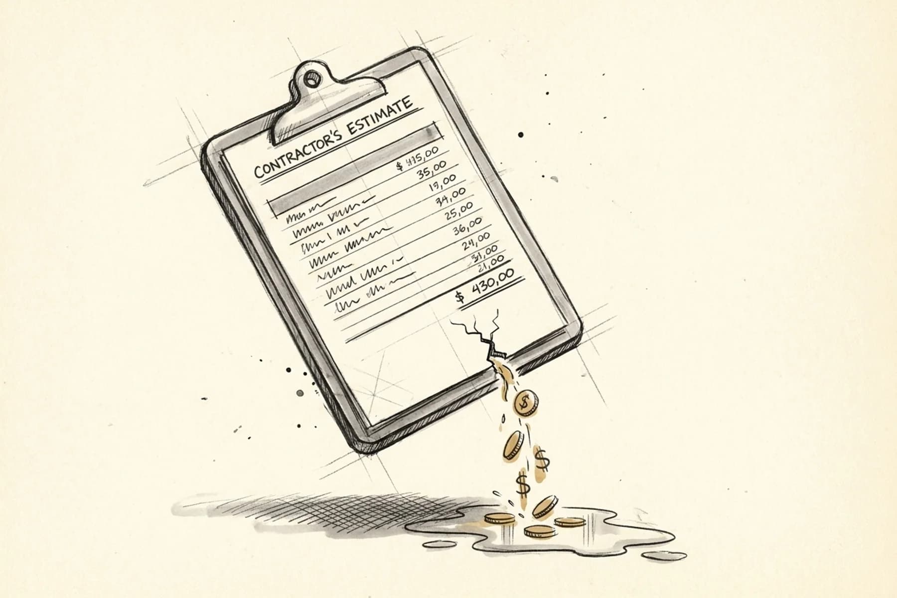 Contractor job costing template — hand-drawn sketch of an estimate clipboard with coins leaking from a hidden crack, illustrating hidden profit loss on every job