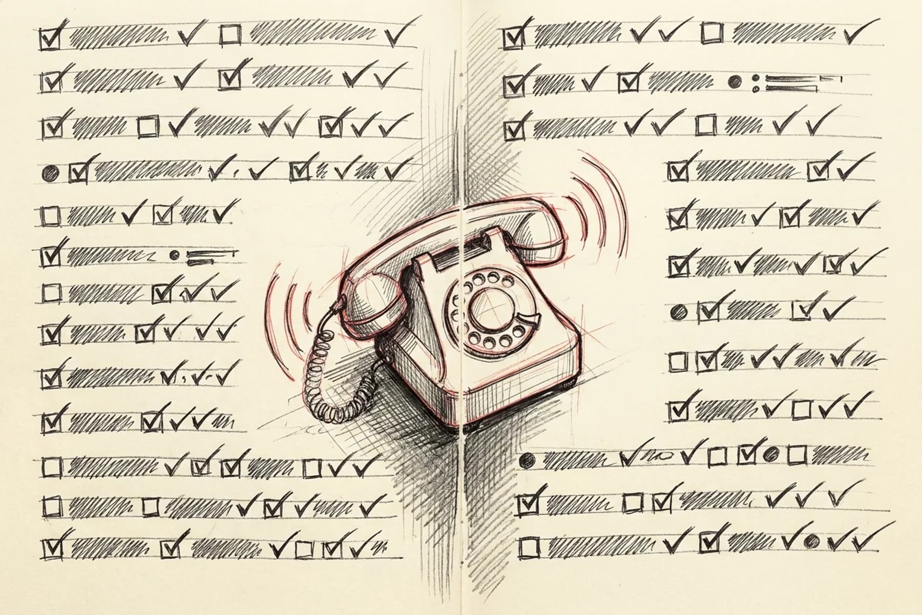 Jobber vs Workiz — hand-drawn sketch of a ringing phone stranded in the gap between two FSM feature checklists, neither one catching the call