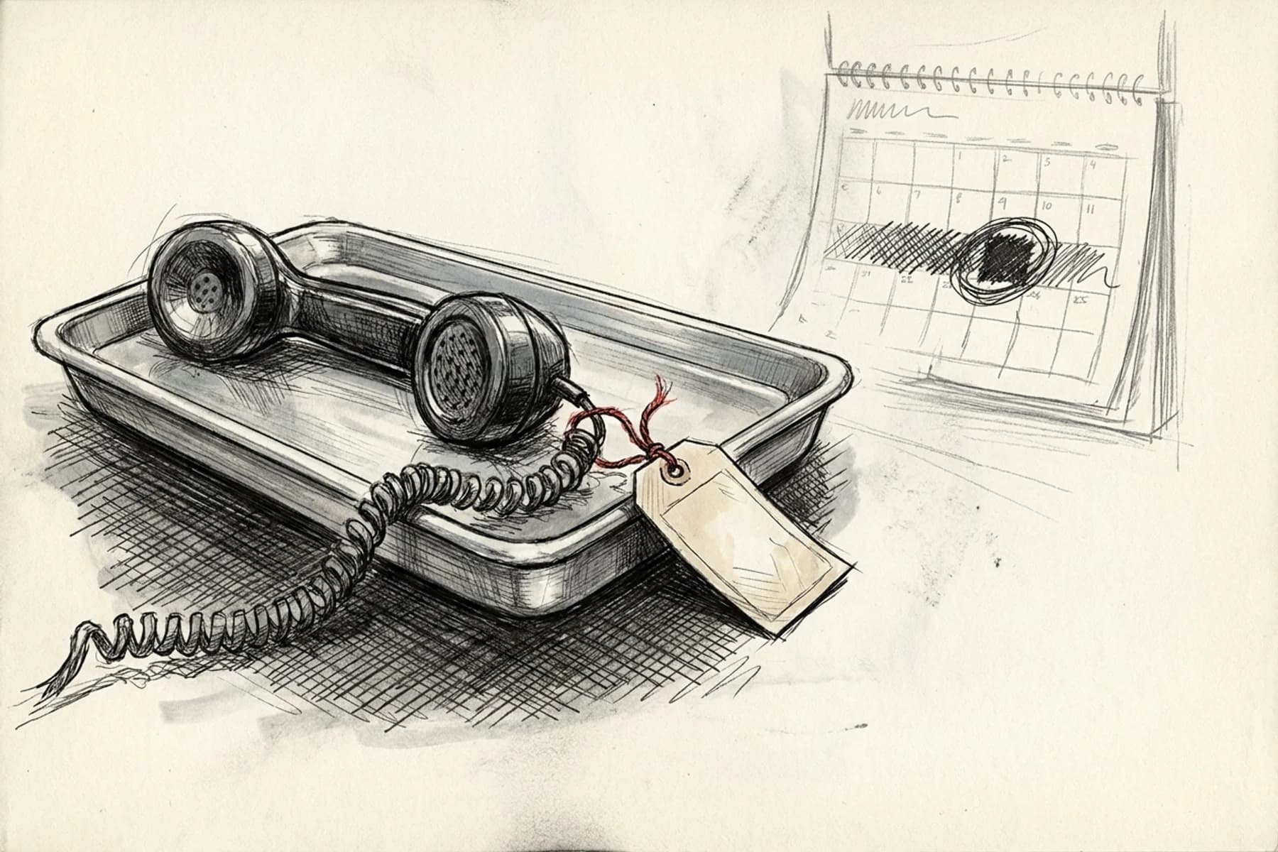 How to improve HVAC booking rate — hand-drawn sketch of a dead phone handset on a coroner's tray with a toe-tag, illustrating that Friday call reviews are an autopsy on lost bookings