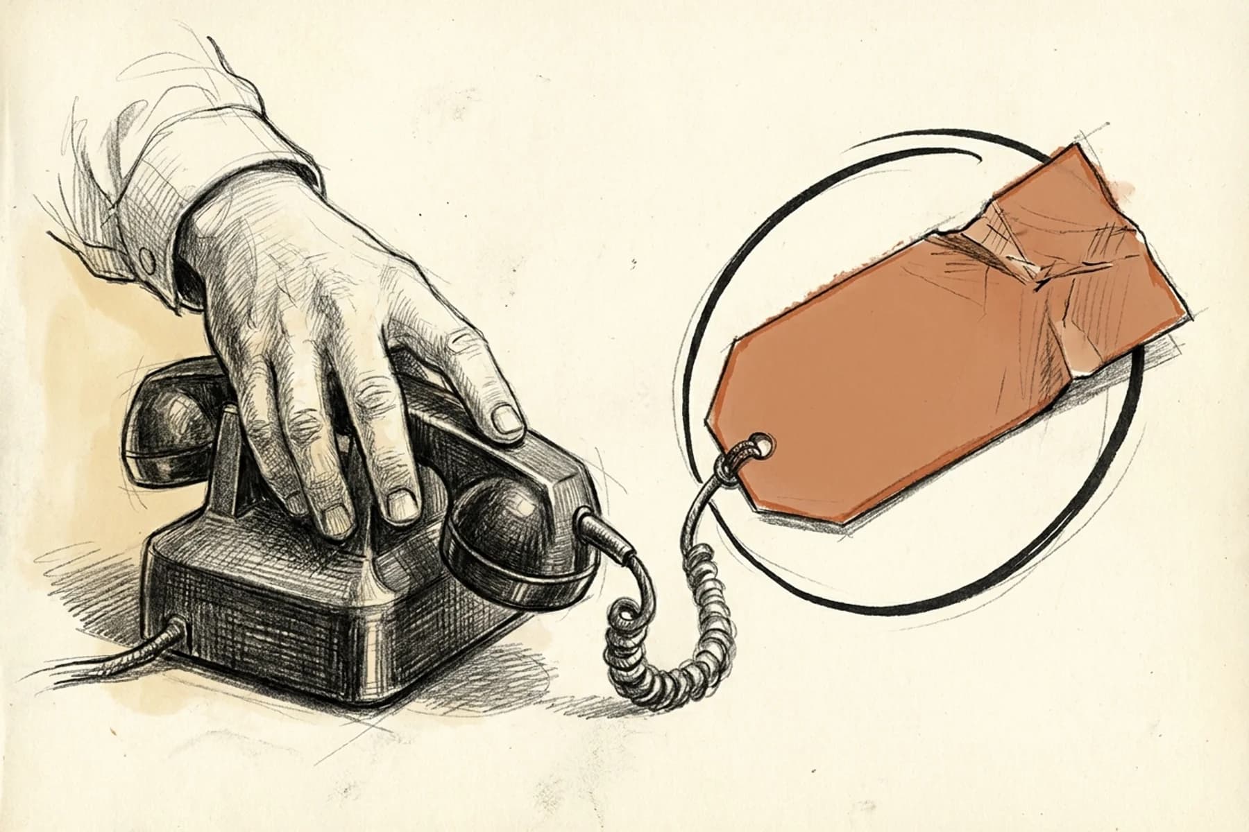 Trip charge objection training — hand-drawn sketch of a CSR's hand holding a telephone handset with a price tag that is creased but unbroken, illustrating fee discipline under customer pressure