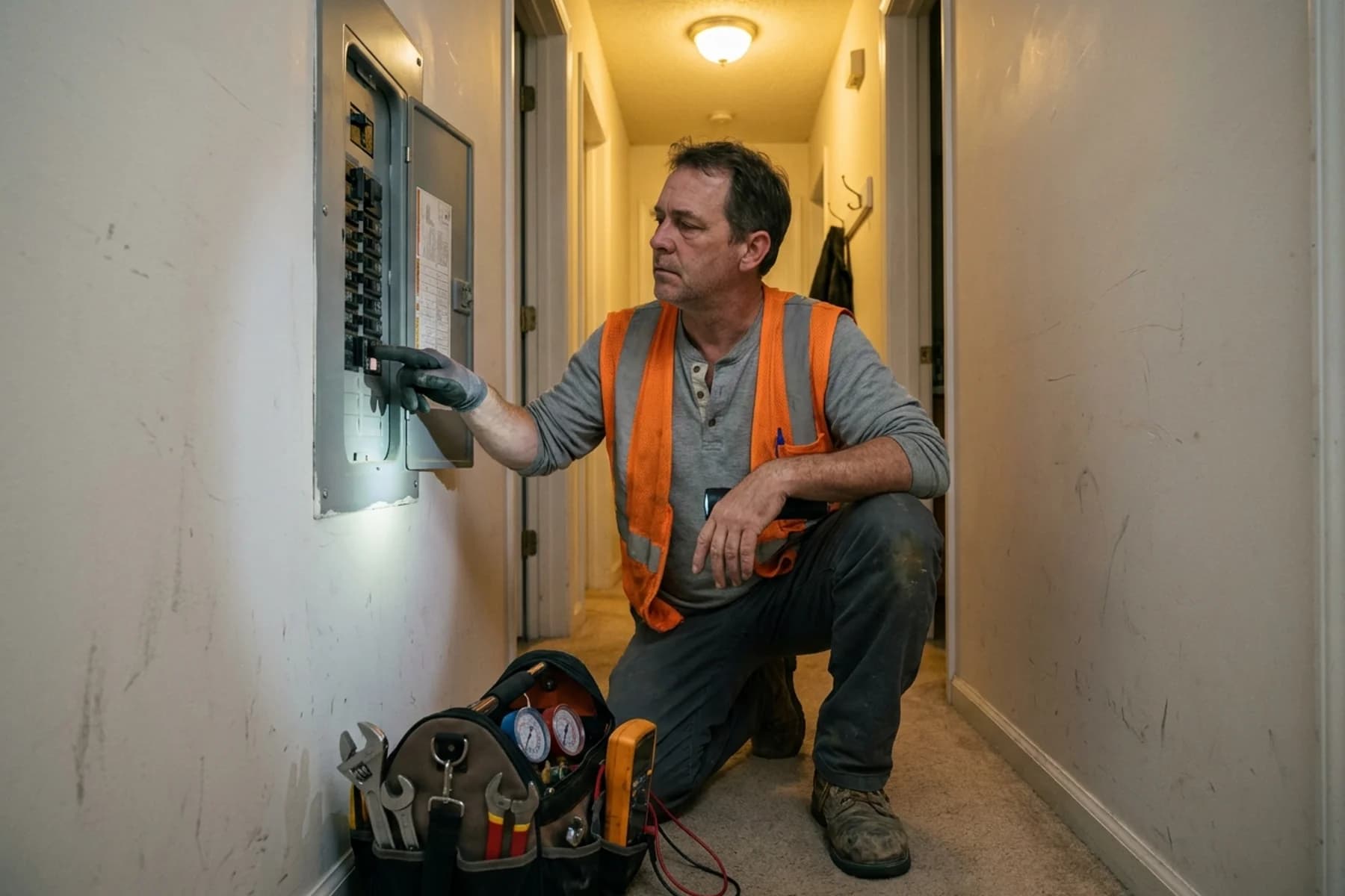 CSR call qualification home services — HVAC technician crouched at a residential breaker panel with finger on a single tripped breaker, expressing quiet frustration at a wasted truck roll caused by missed intake questions