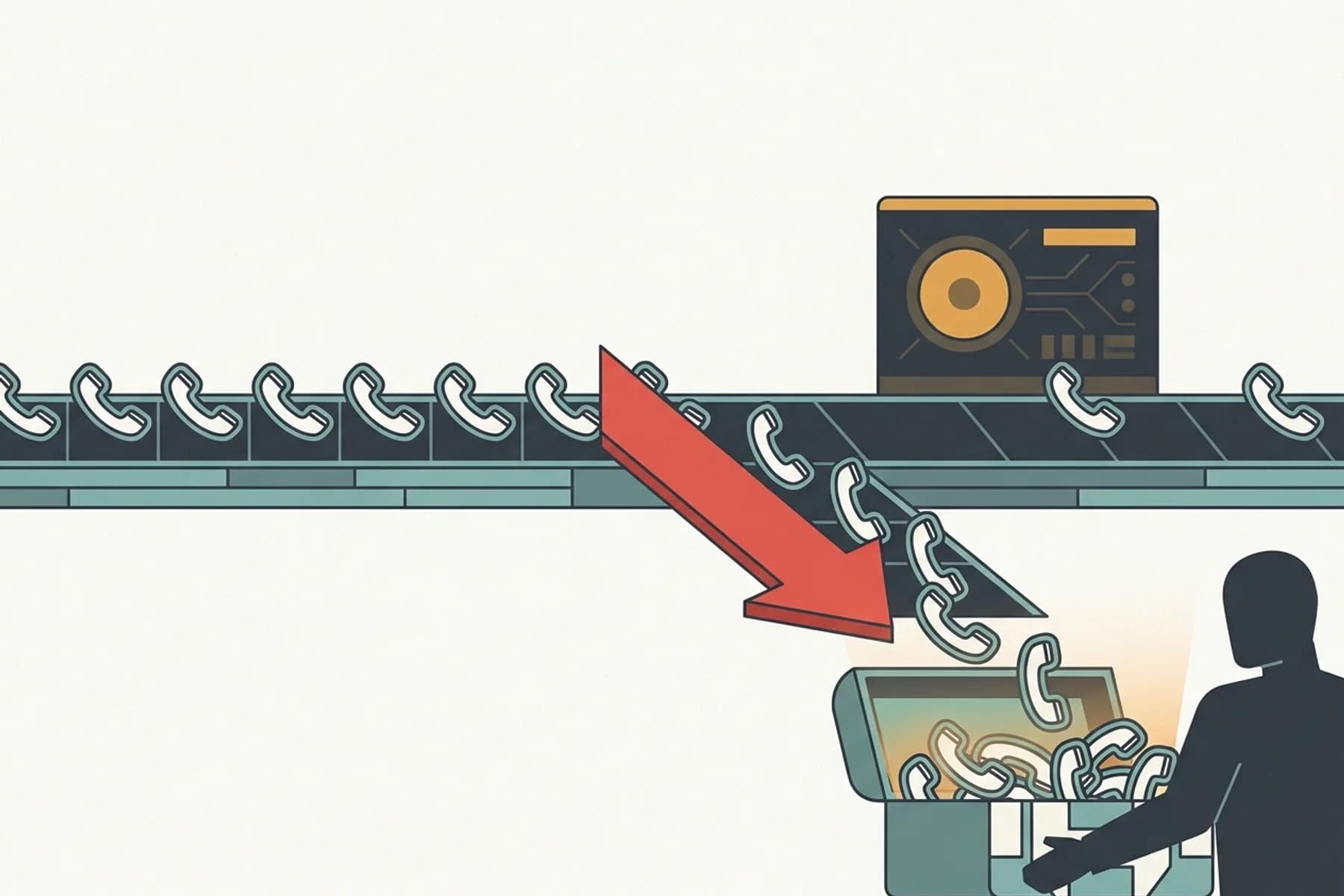Speed to lead home services — flat illustration of a conveyor belt splitting incoming LSA call icons away from an inactive contractor panel and into a competitor's open toolbox, showing how unanswered calls fund a rival's next booked job
