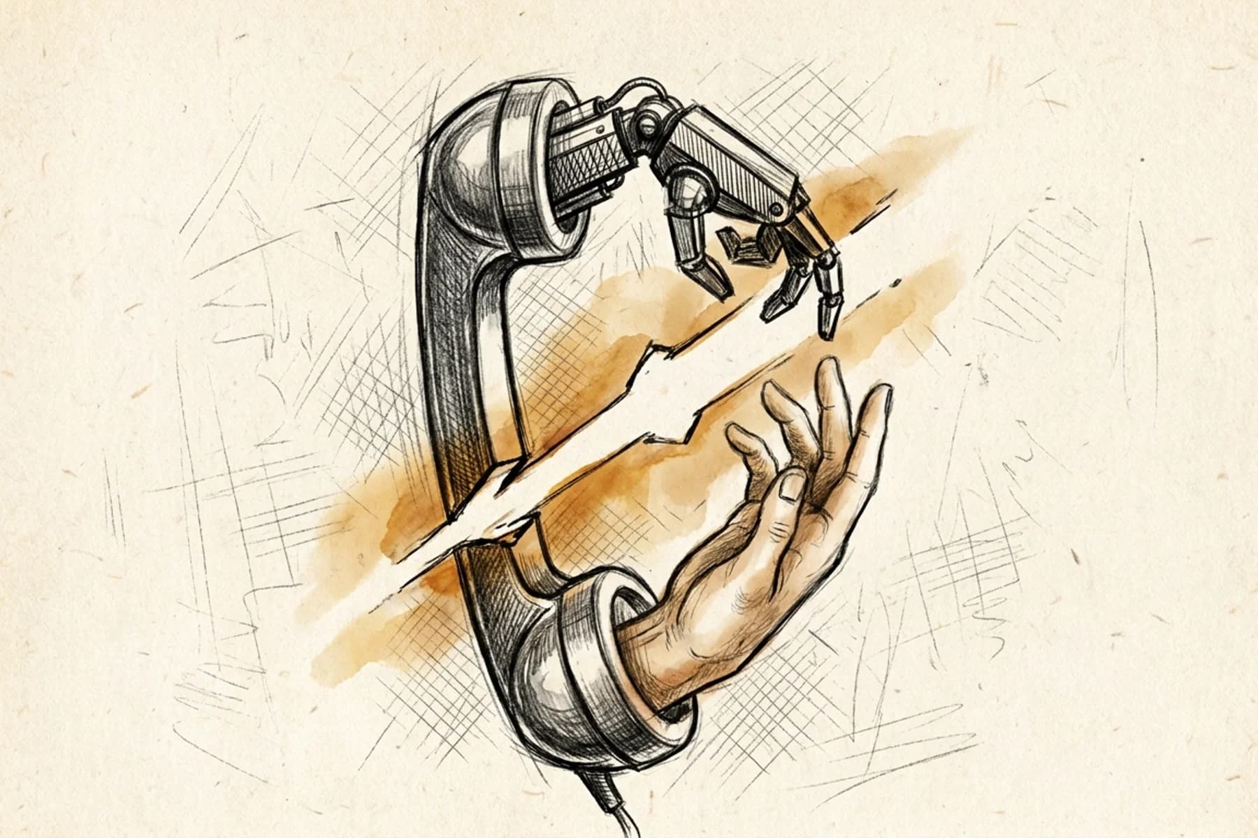 AI receptionist for HVAC — hand-drawn sketch of a telephone receiver split between a frozen mechanical robot arm and a warm human hand, illustrating the empathy gap that costs HVAC companies high-ticket replacement calls