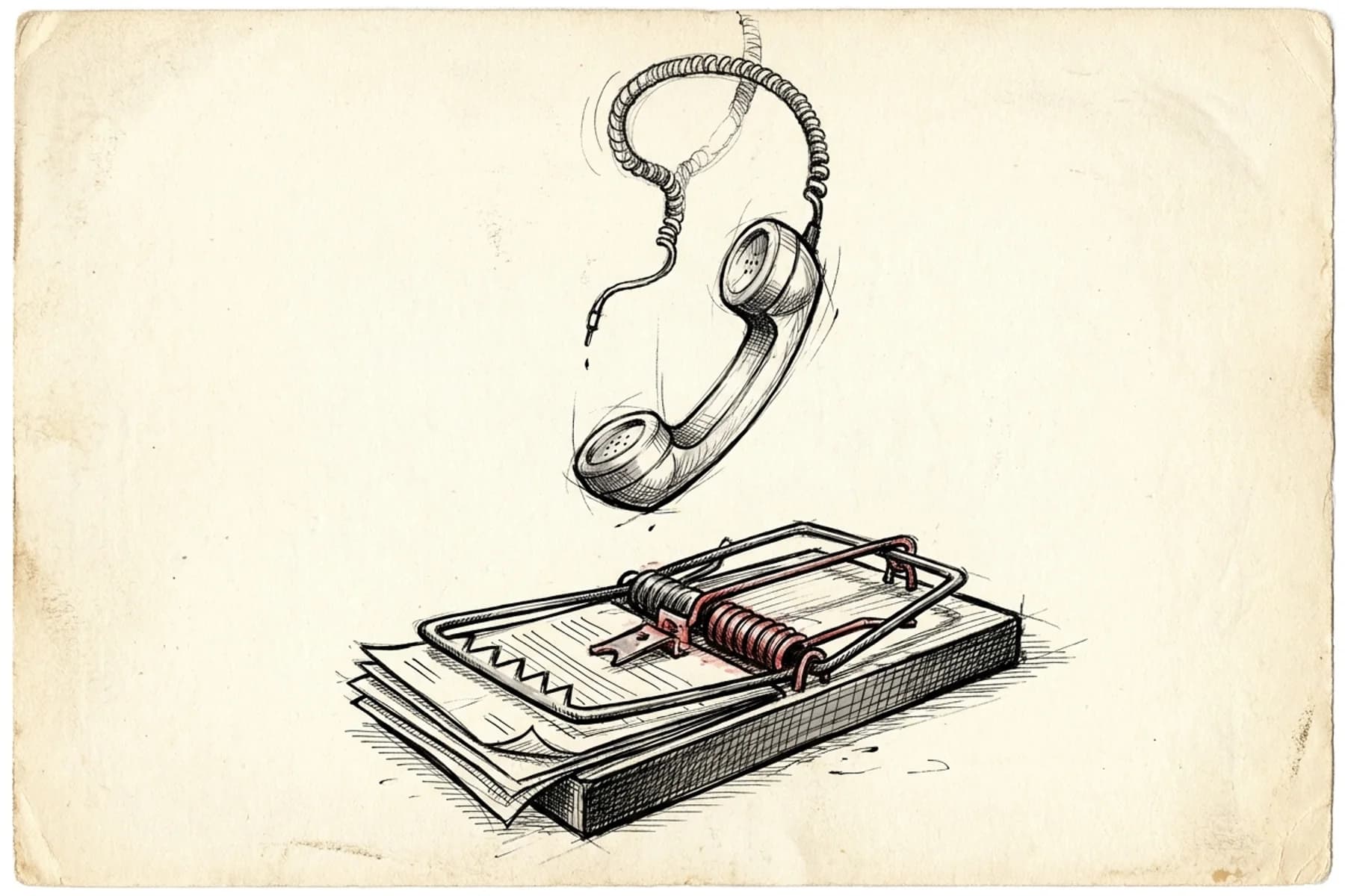 AI voice agent compliance trap — ink sketch of a telephone handset falling toward an open mousetrap made of legal documents, representing California AB 2905 mandatory disclosure hang-up risk