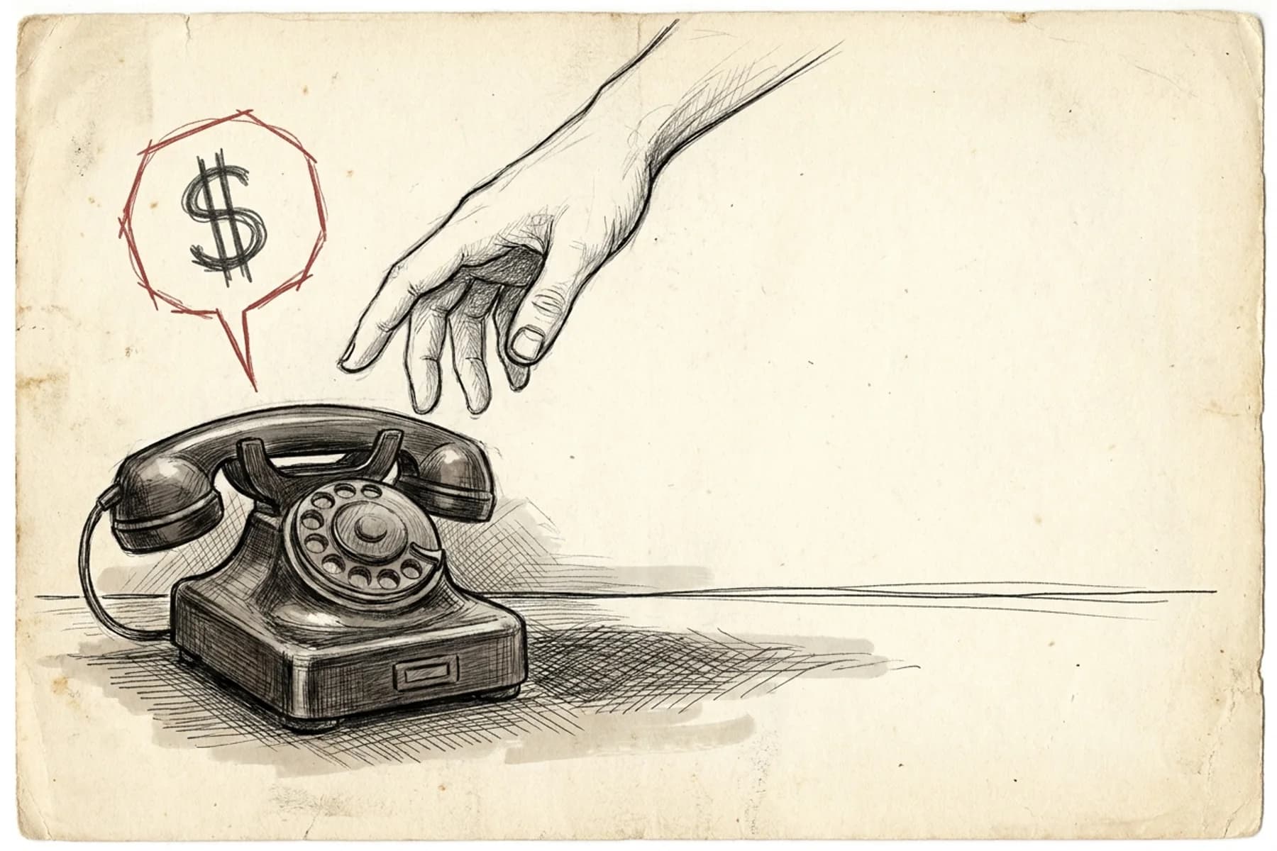 HVAC call booking script — hand-drawn sketch of a CSR's hand frozen above a ringing phone with a dollar-sign speech bubble, illustrating diagnostic fee hesitation that kills booking rates