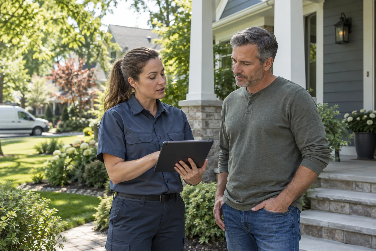 A home services technician discussing a visit with a homeowner on his porch