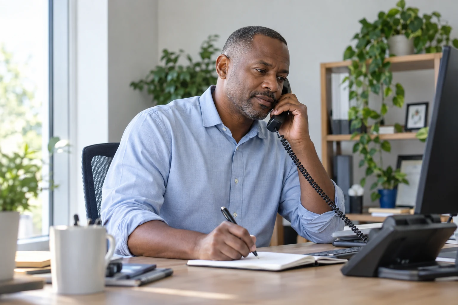 A professional listening carefully and taking notes during a customer call