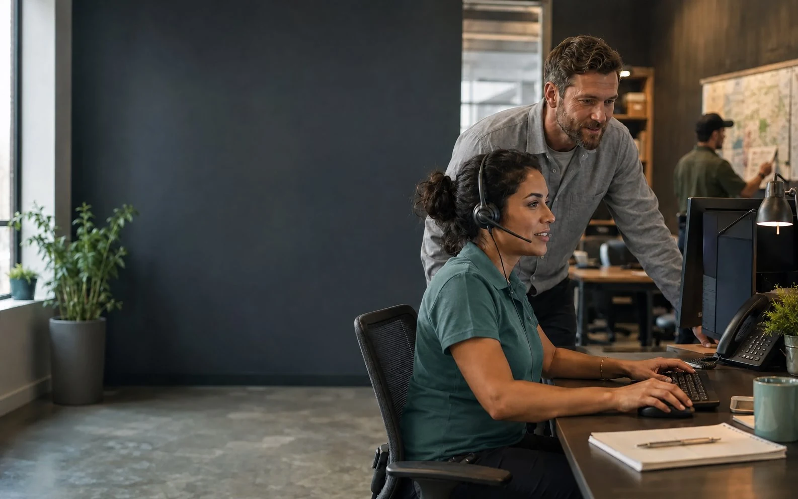 A call specialist with a teammate providing support