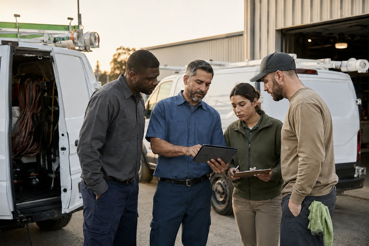HVAC field-service crew reviewing the day’s jobs together beside their service vehicles