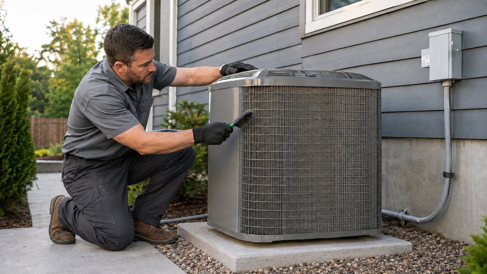 HVAC technician performing routine maintenance on a residential outdoor condenser