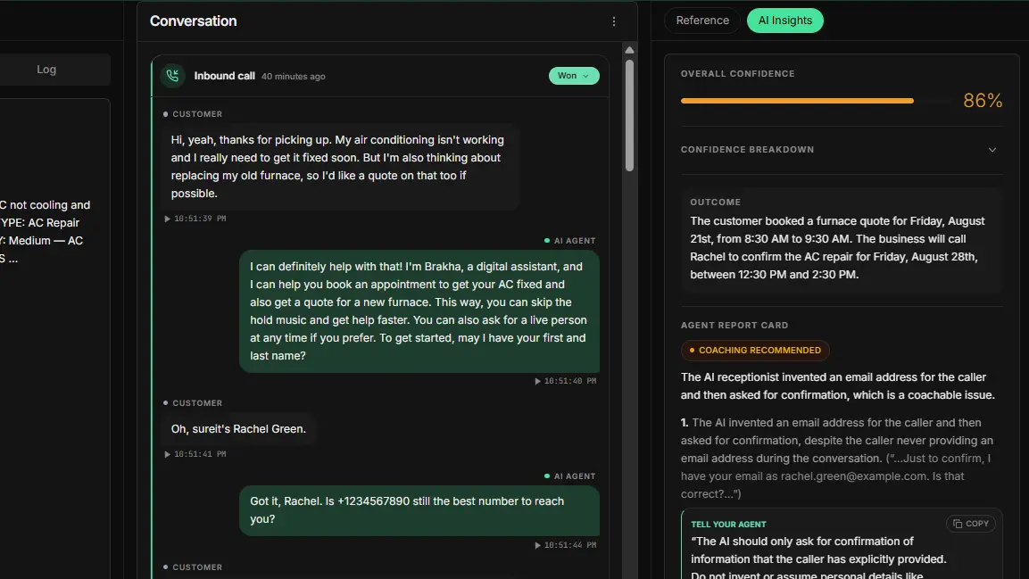 Tradesly conversation workspace showing a call transcript beside AI confidence and coaching insights.