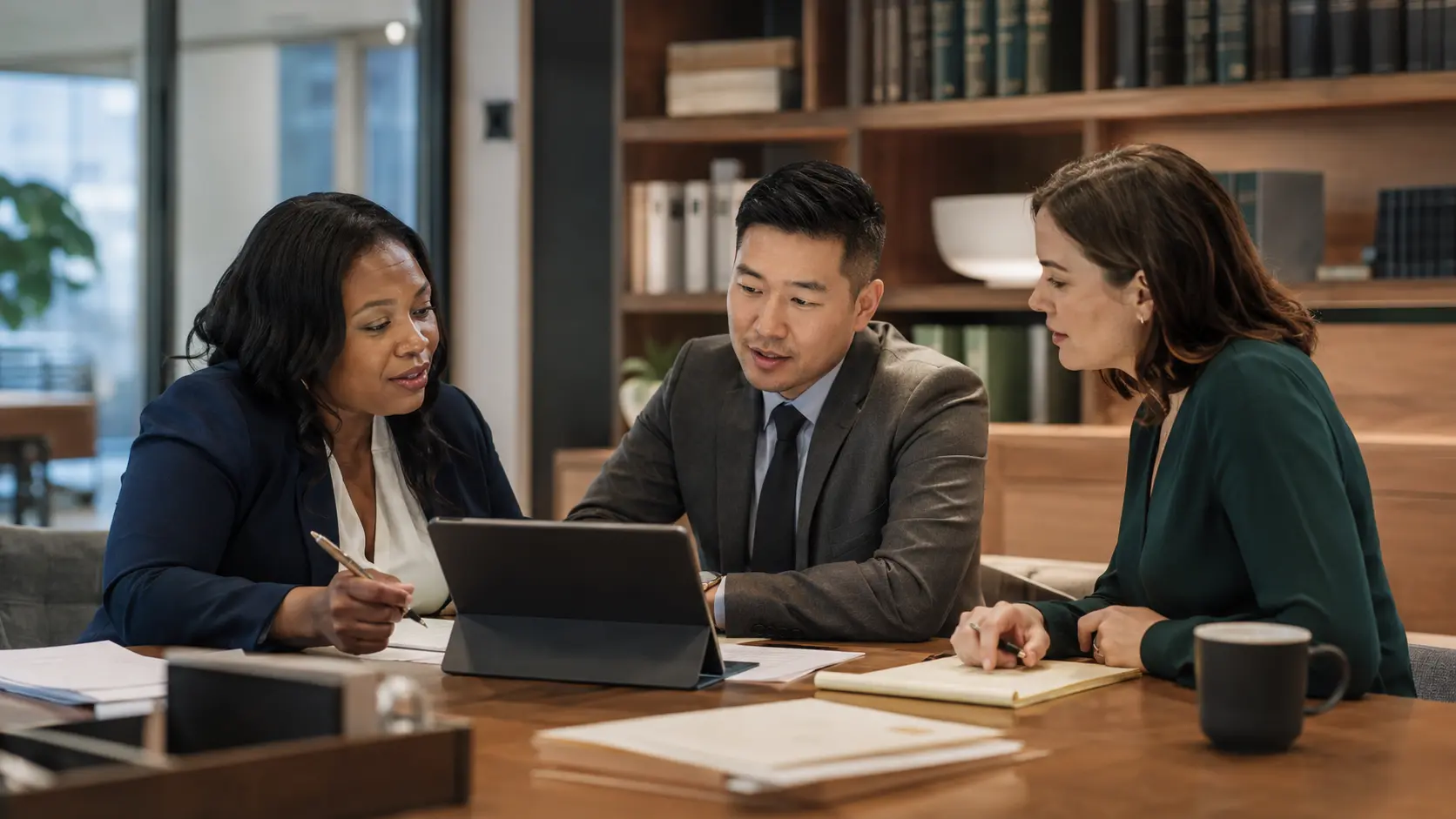 Legal team collaborating around case notes and intake information in a modern office