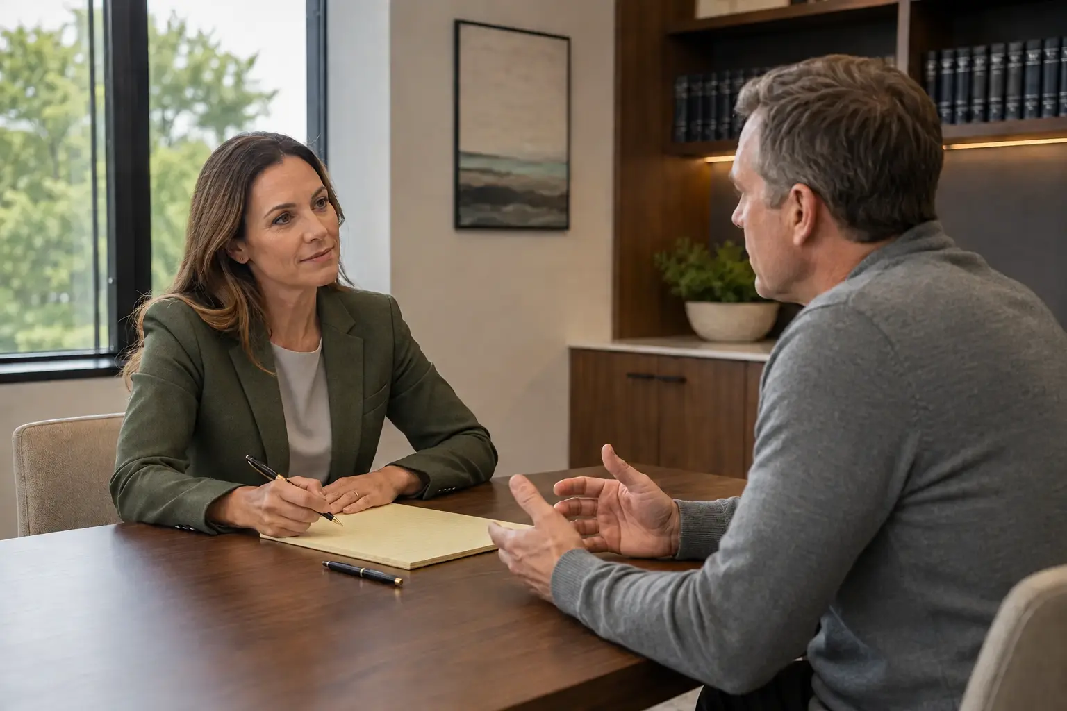 Attorney listening to a prospective client during a thoughtful private-office consultation