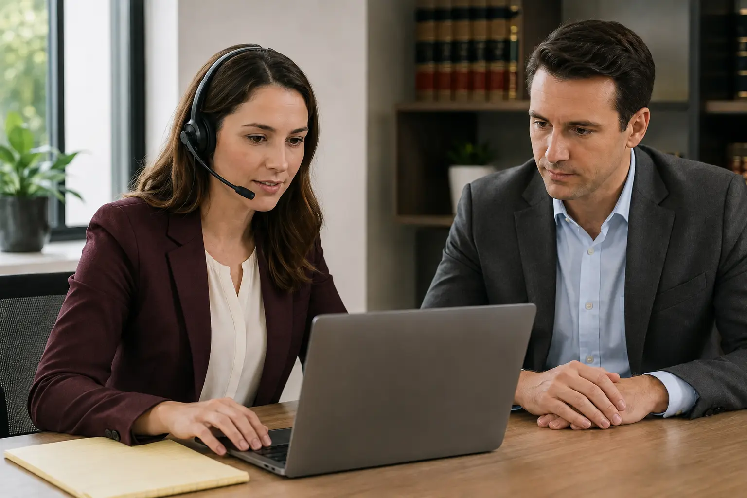 Legal intake specialist handling a potential client call while a colleague reviews the same intake record