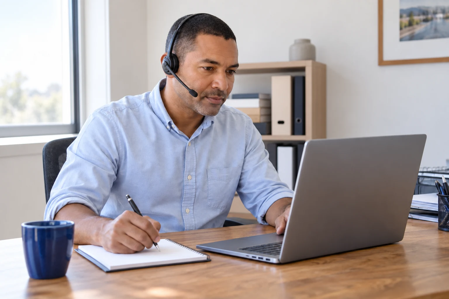 A headset-wearing call specialist taking notes while listening to a caller
