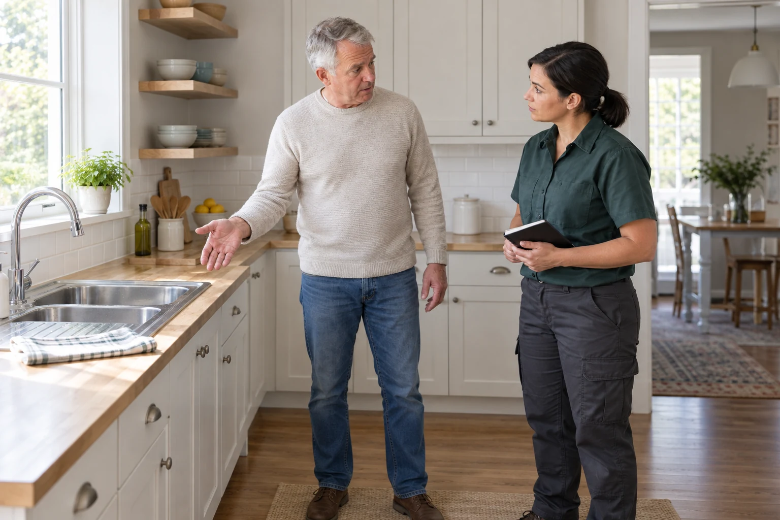 A plumber listening as a homeowner explains a kitchen sink issue
