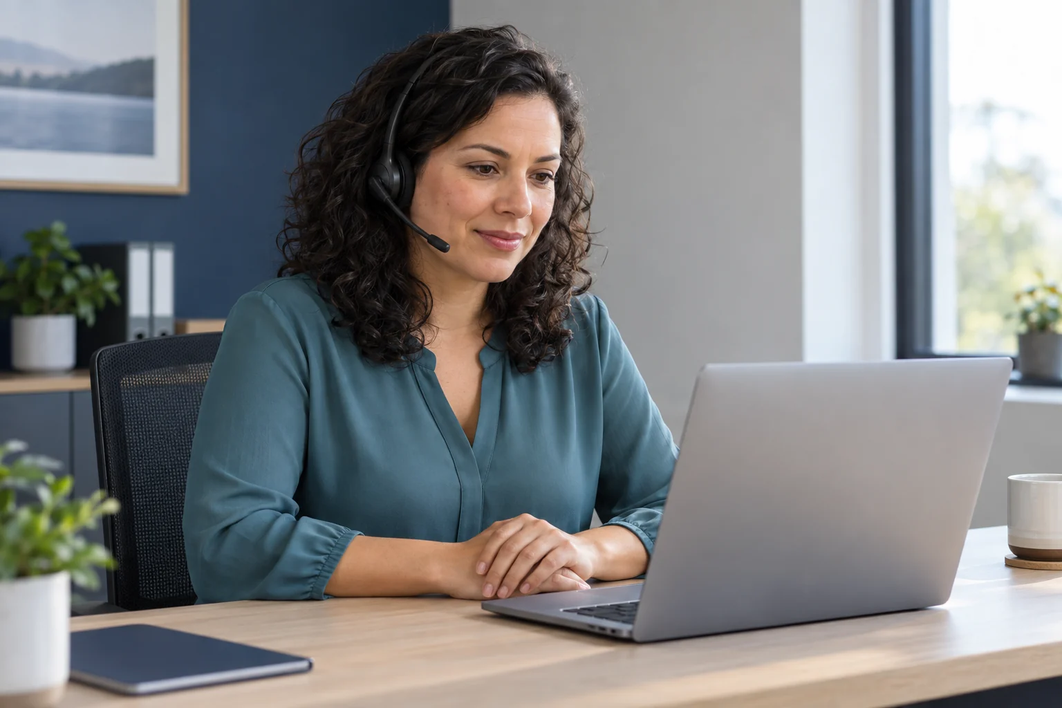 Call specialist listening through a headset in a bright professional office