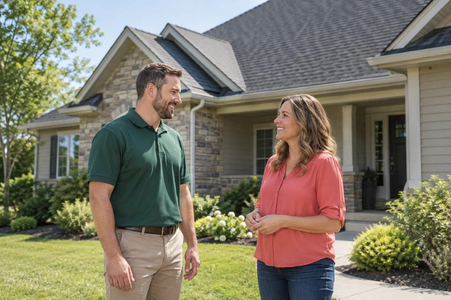 Roofing estimator talking with a homeowner beside her house