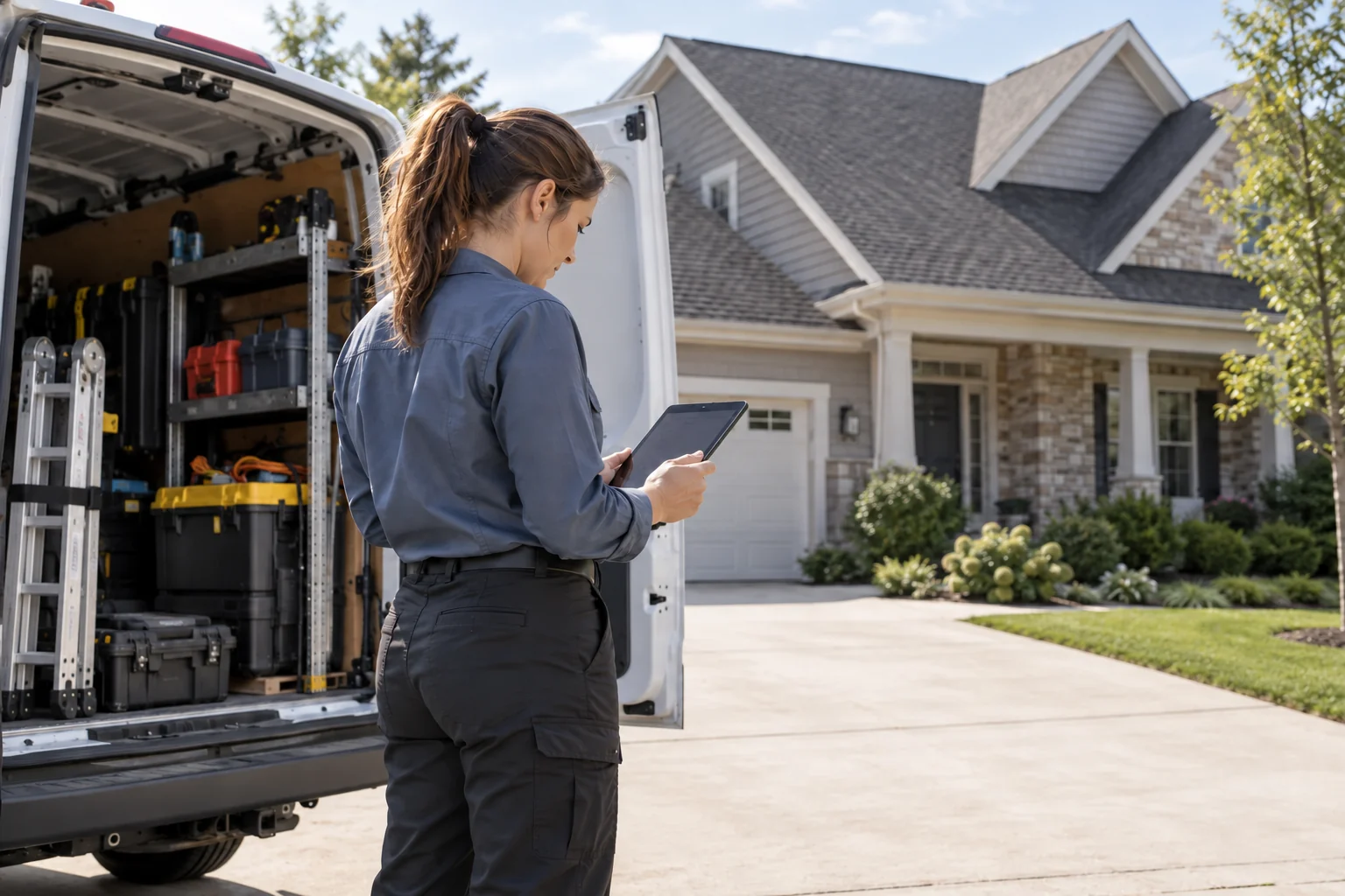 Roofing estimator reviewing a tablet beside a service van outside a home