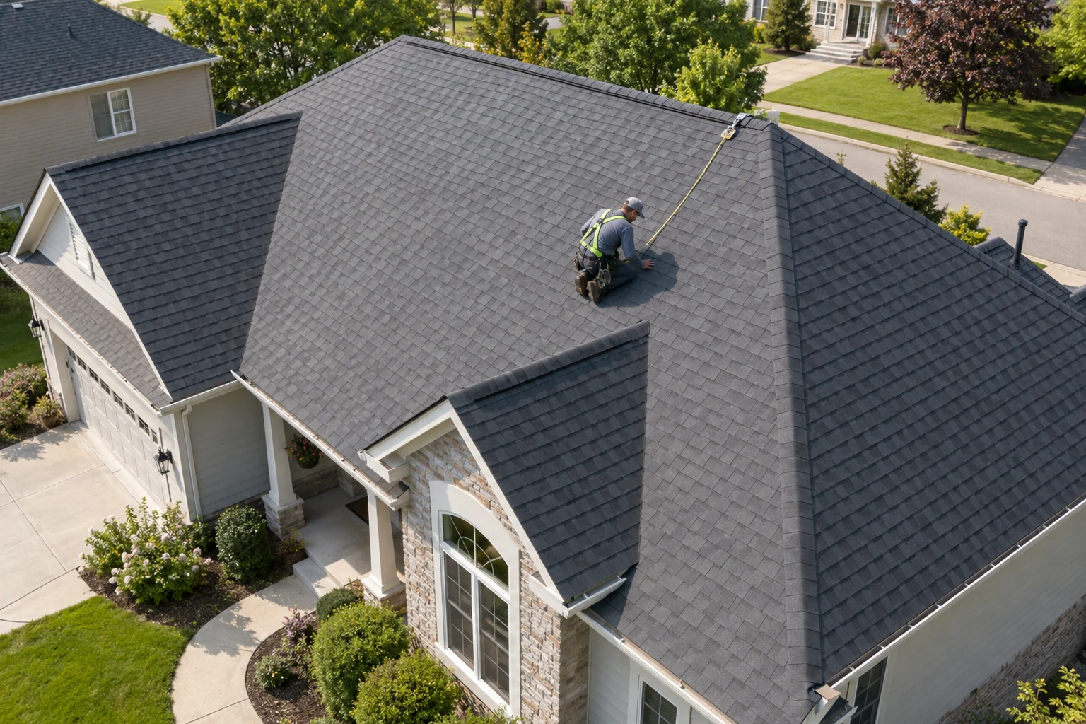 Overhead view of roofers working on a residential shingle roof