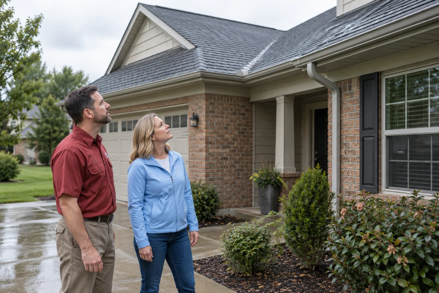 Roofing professional and homeowner looking at a roof from ground level after rain