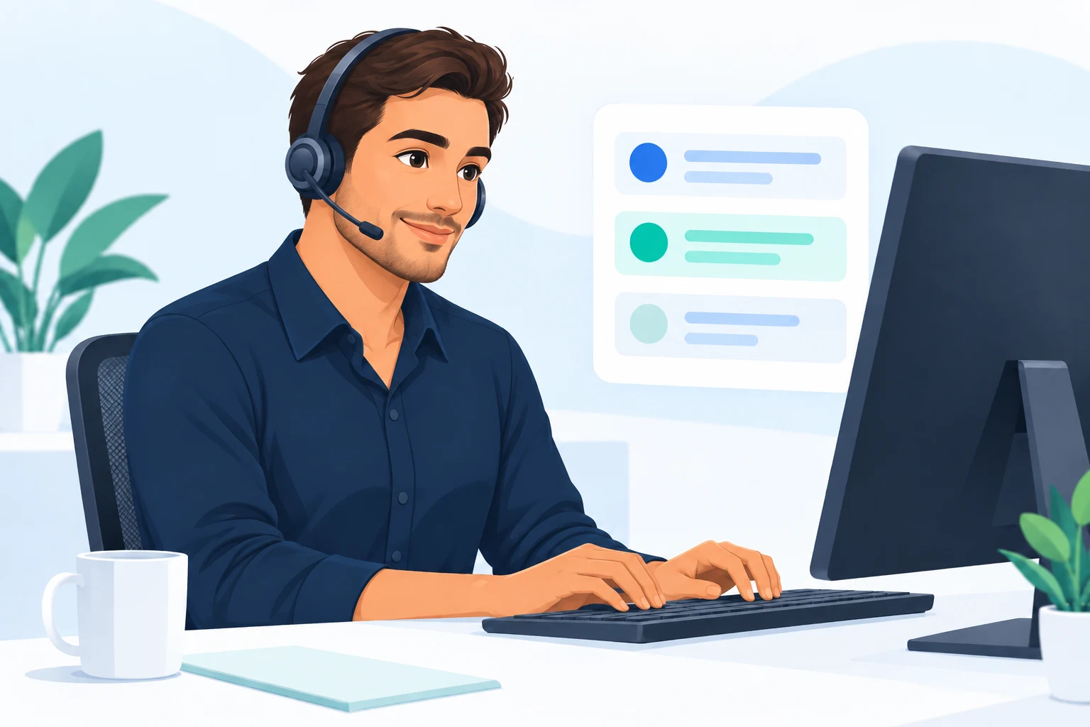 A male customer service representative listens on a headset while using on-screen guidance.