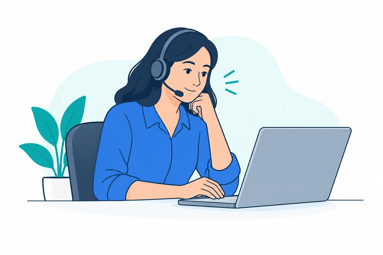 A headset-wearing representative listens attentively to a caller.